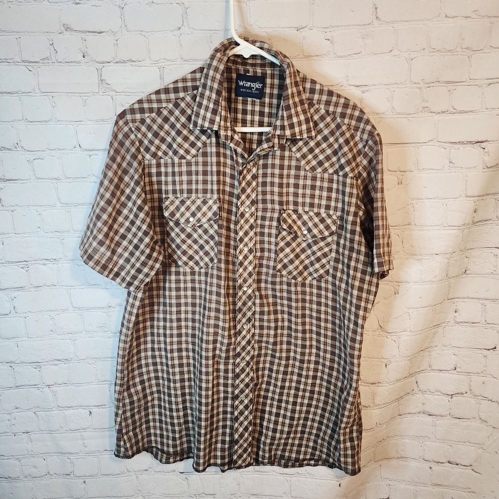 Wrangler Brown Checkered Men's Button-Down Shirt, Size XLT
